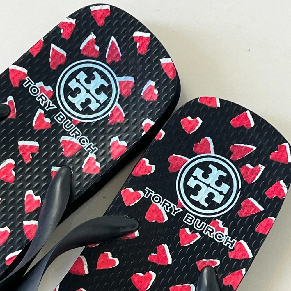 Tory Burch Black with Red Hearts Flip Flop Thong Sweetheart Sandals